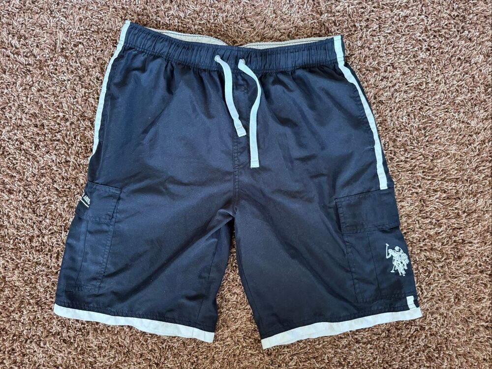 US polo Assn. black cargo swim trunks men’s L white trim embroidered